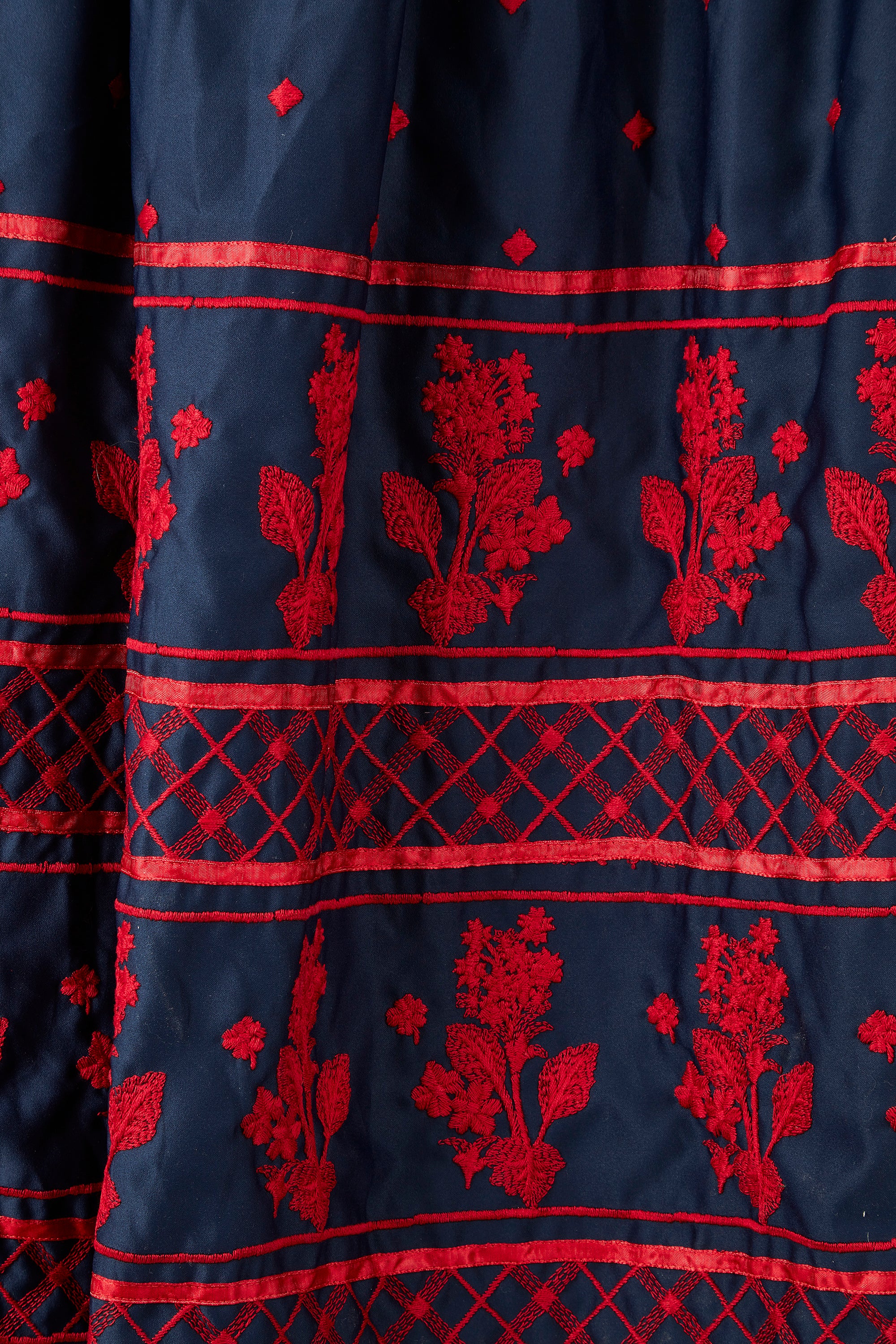 1970s Brenner Couture Navy and Red Embroidered Maxi Dress