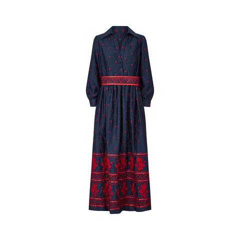 1970s Brenner Couture Navy and Red Embroidered Maxi Dress