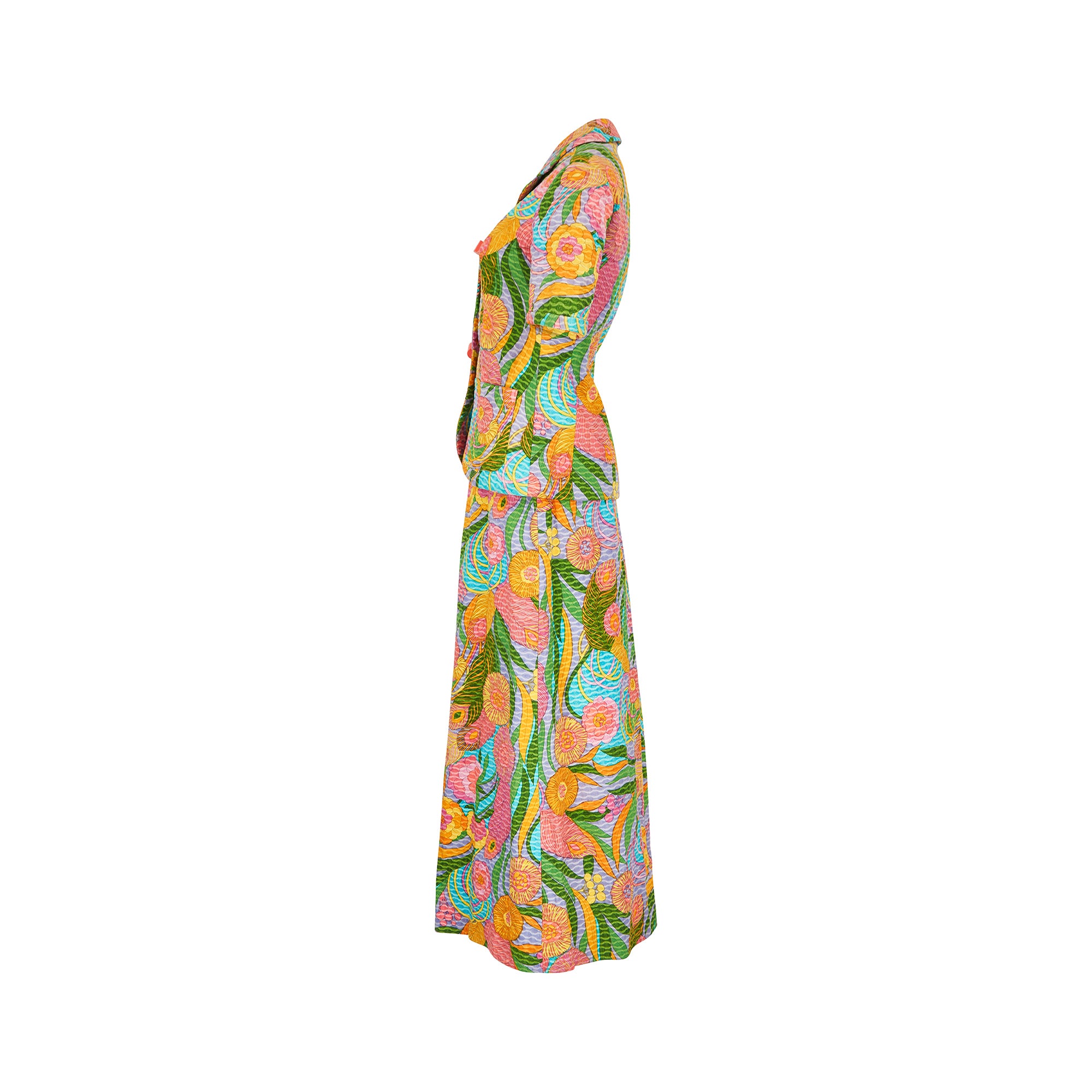 1970s Colourful Cotton Floral Print Trouser Suit