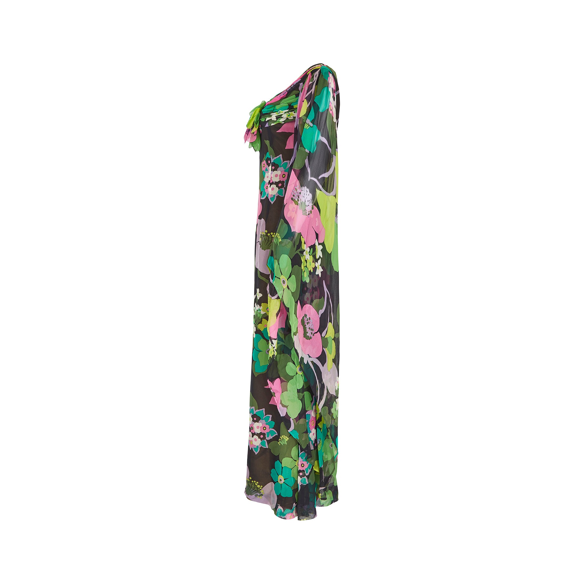 1970s Couture Floral Print Angel Sleeve Maxi Dress