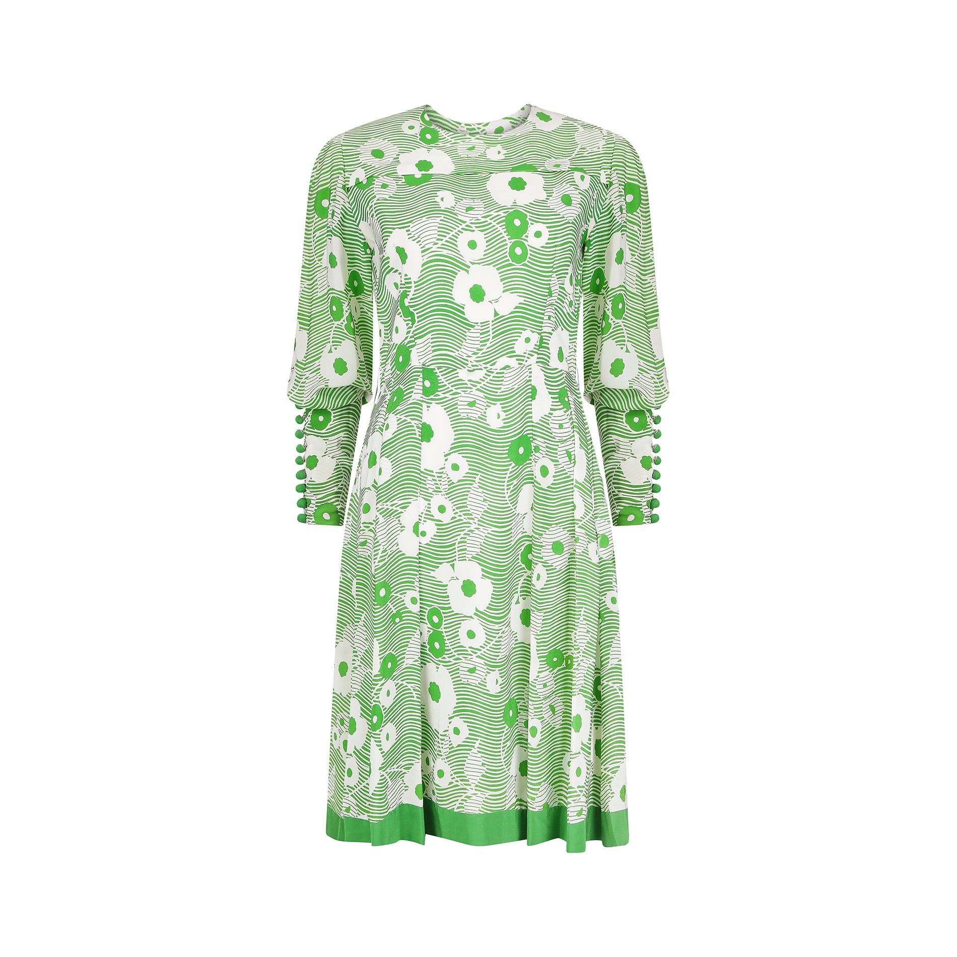 1970s French Haute Couture Green and White Floral Dress