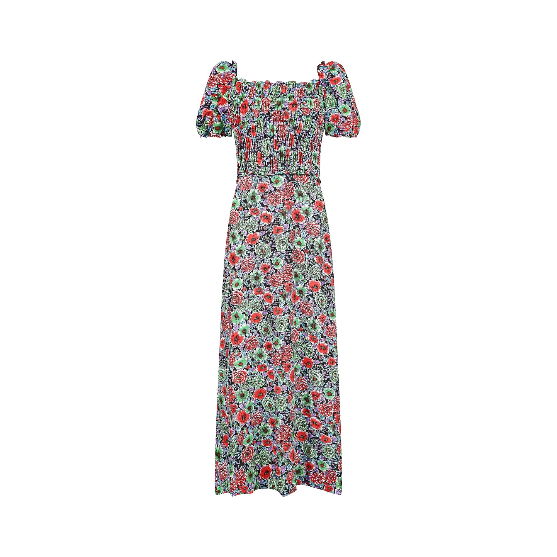 1970s Smocked Floral Maxi Dress