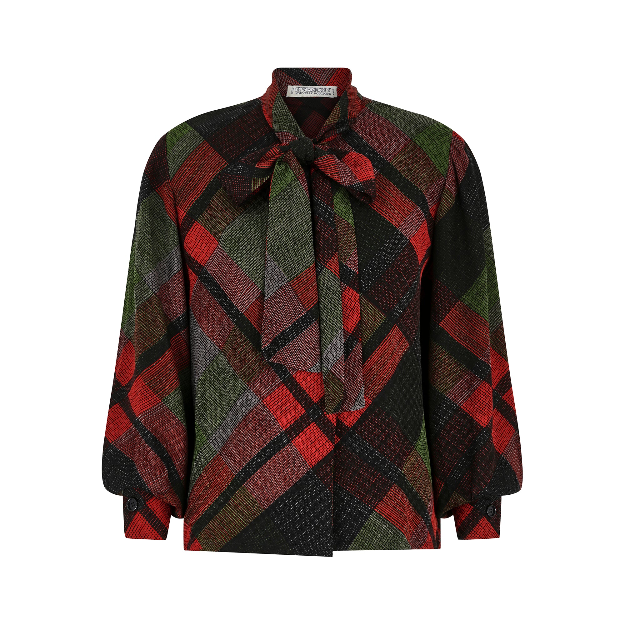 1970s Givenchy Novelle Boutique Red and Green Plaid Blouse