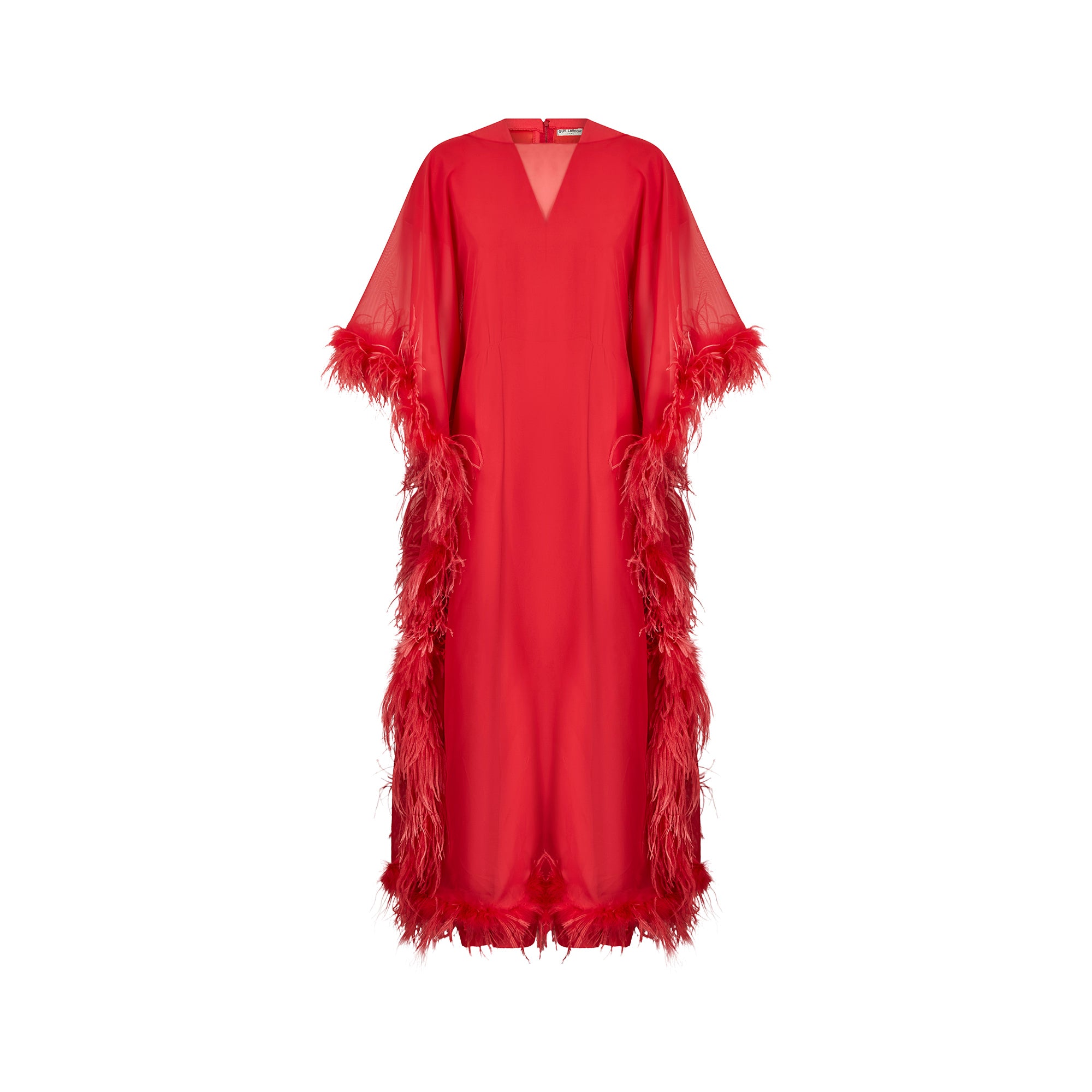 1970s Guy Laroche Couture Coral Red Feather Dress
