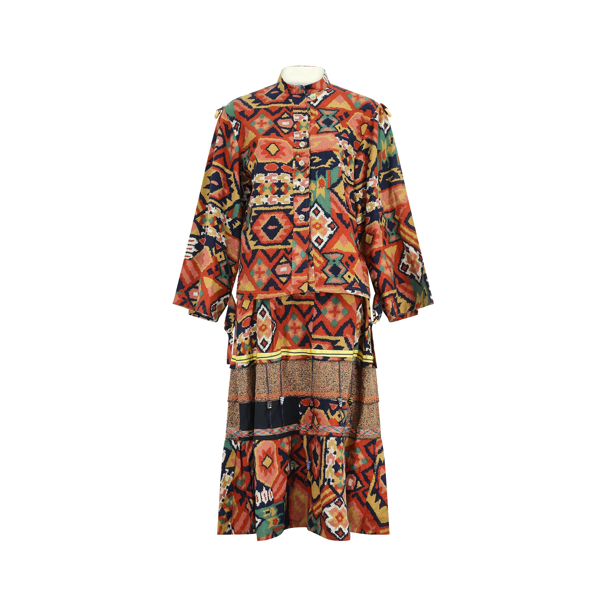 1970s Janet Moira Colourful Pattern Print Skirt Suit