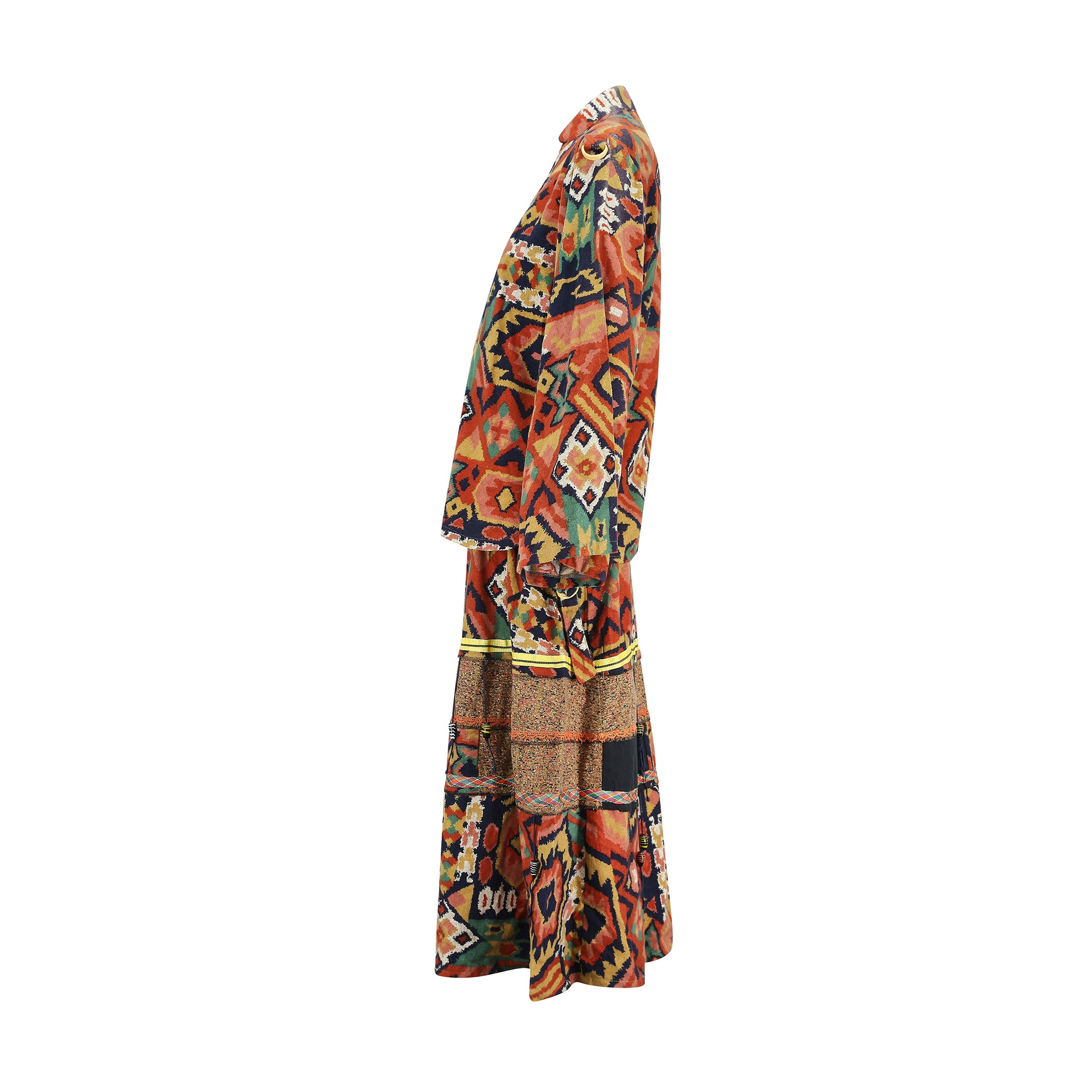 1970s Janet Moira Colourful Pattern Print Skirt Suit