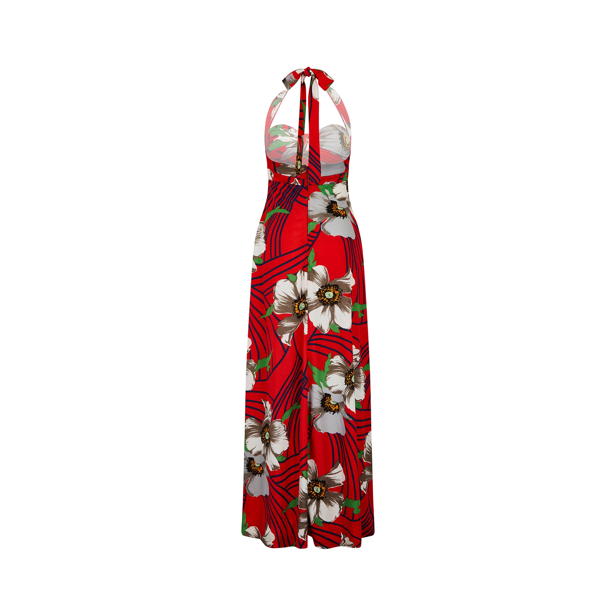 1970s Laurent Servet Jersey Red Floral Print Halter Neck Dress