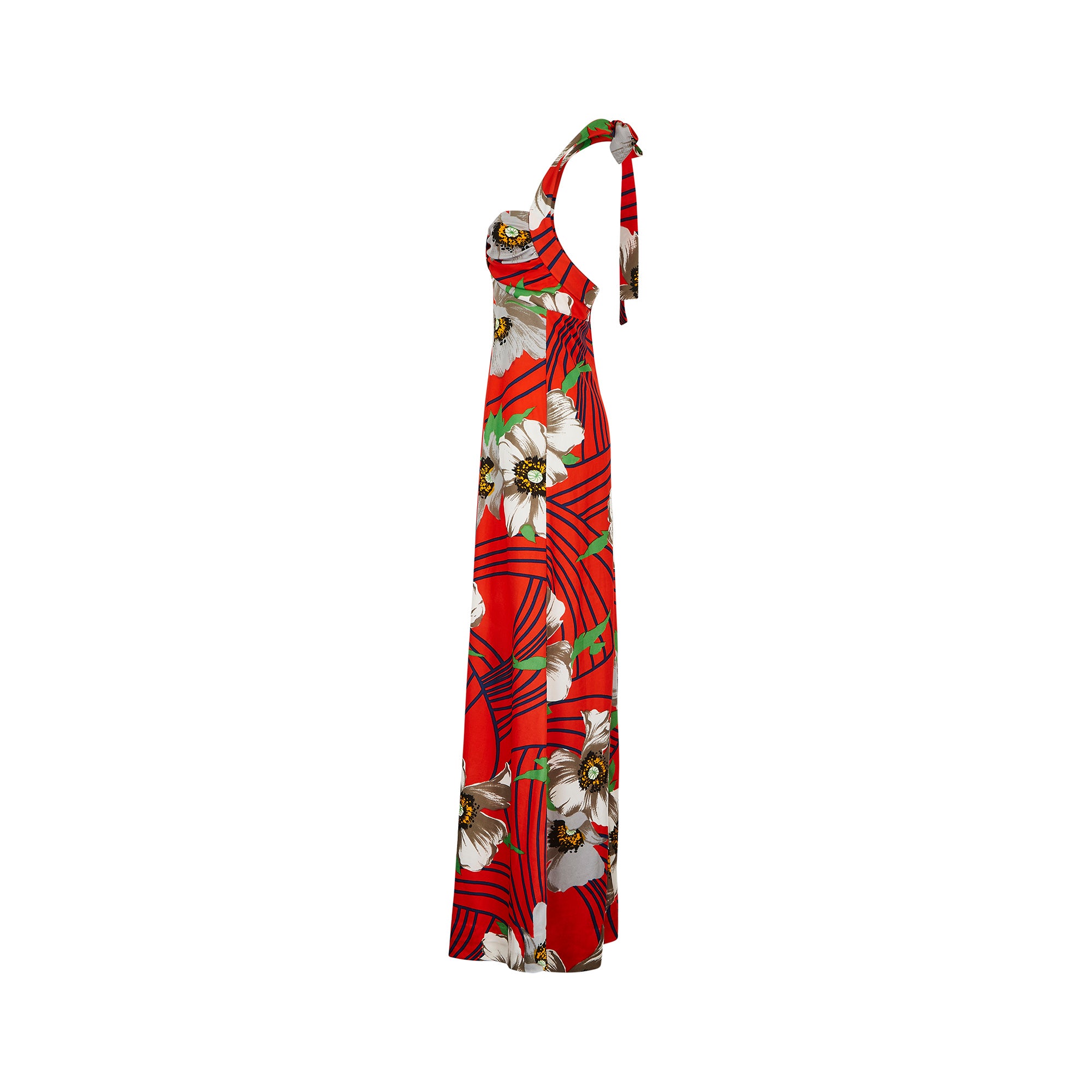 1970s Laurent Servet Jersey Red Floral Print Halter Neck Dress