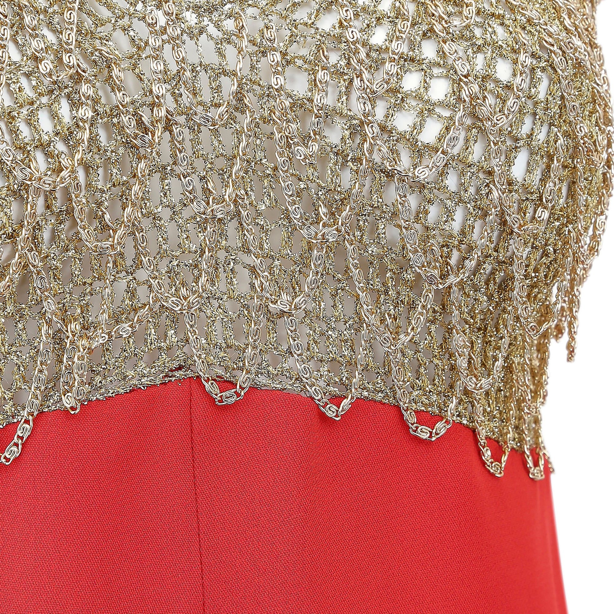 1970s Loris Azzaro Gold Chain and Red Crepe Maxi Dress