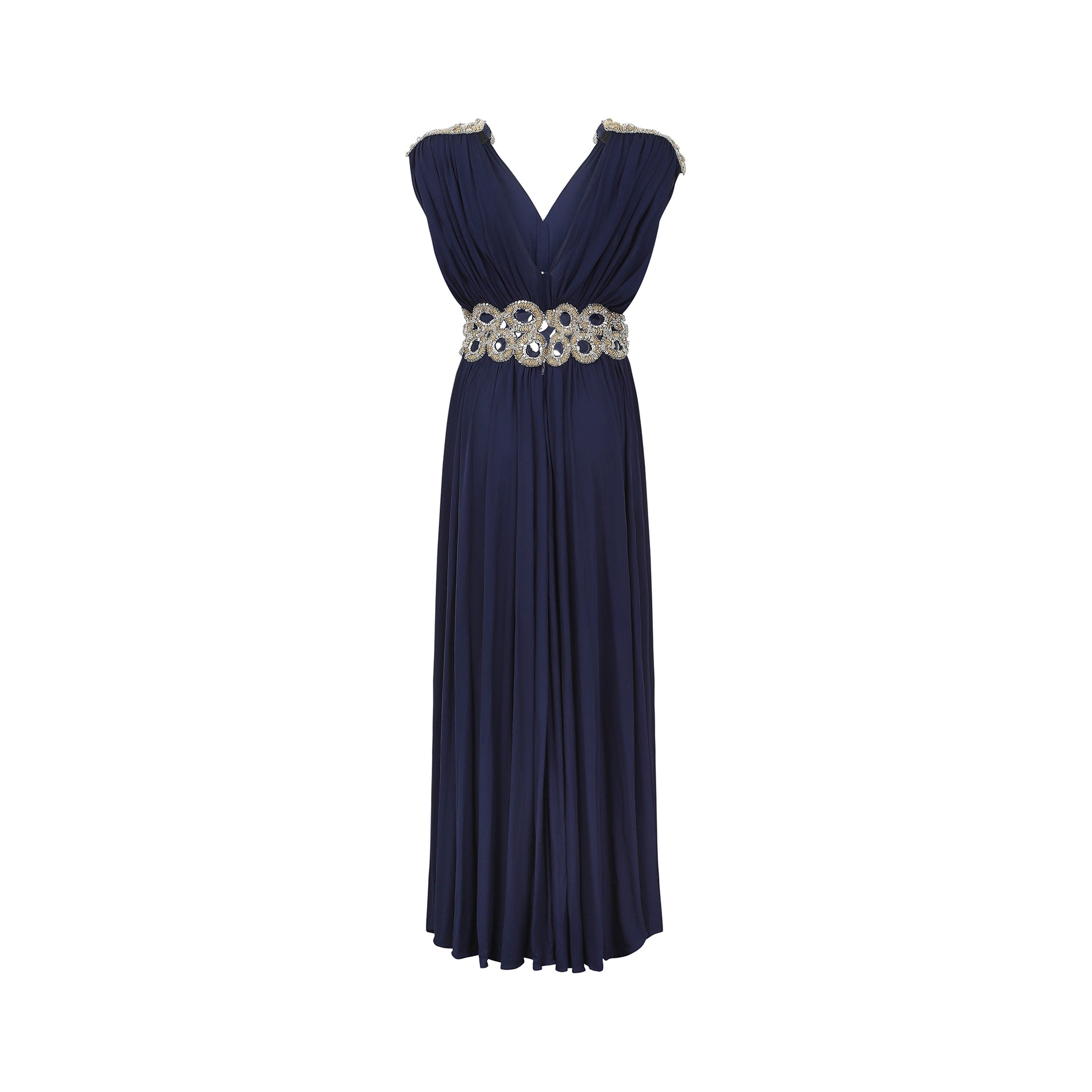 1970s French Couture Navy Jersey Embellished Grecian Dress