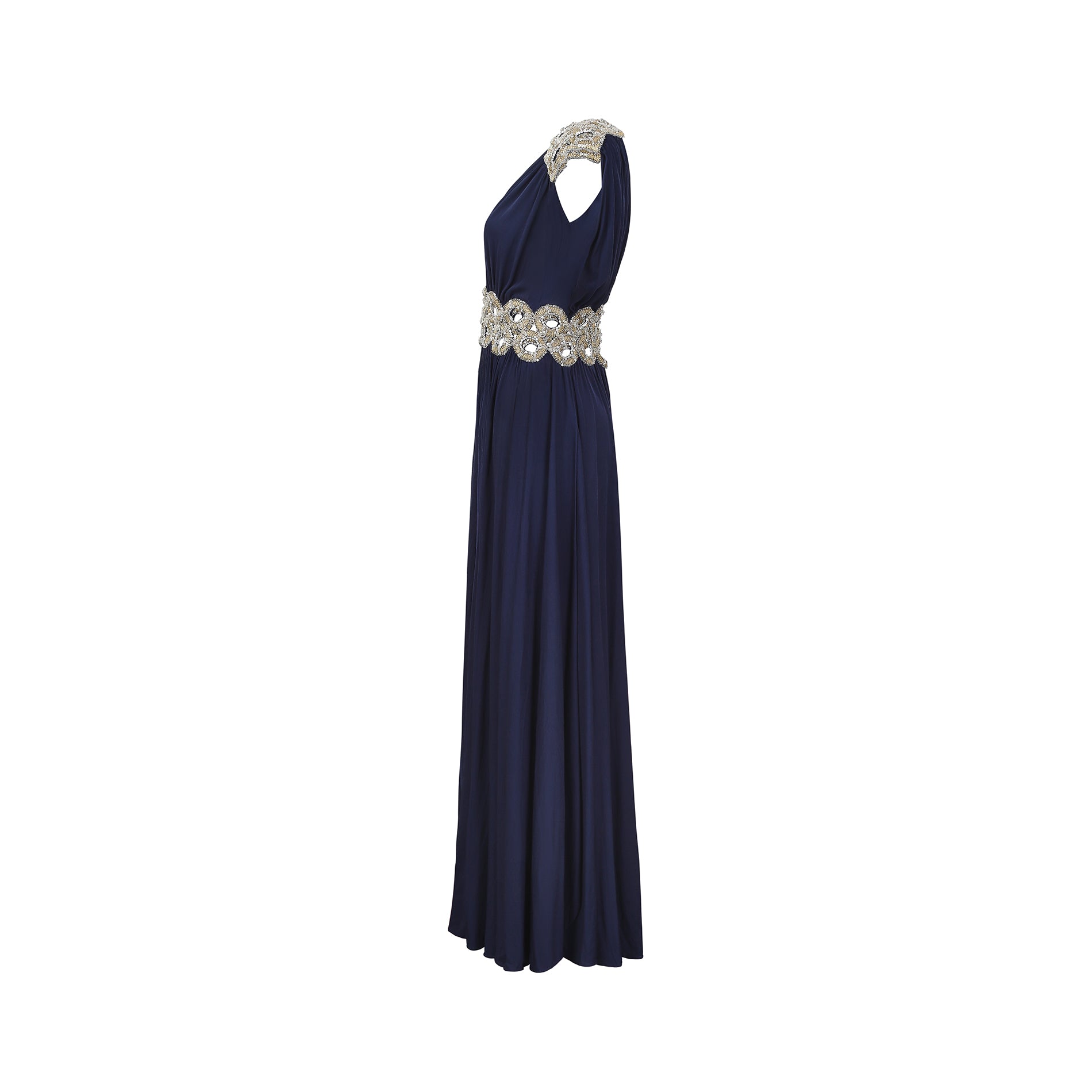 1970s French Couture Navy Jersey Embellished Grecian Dress