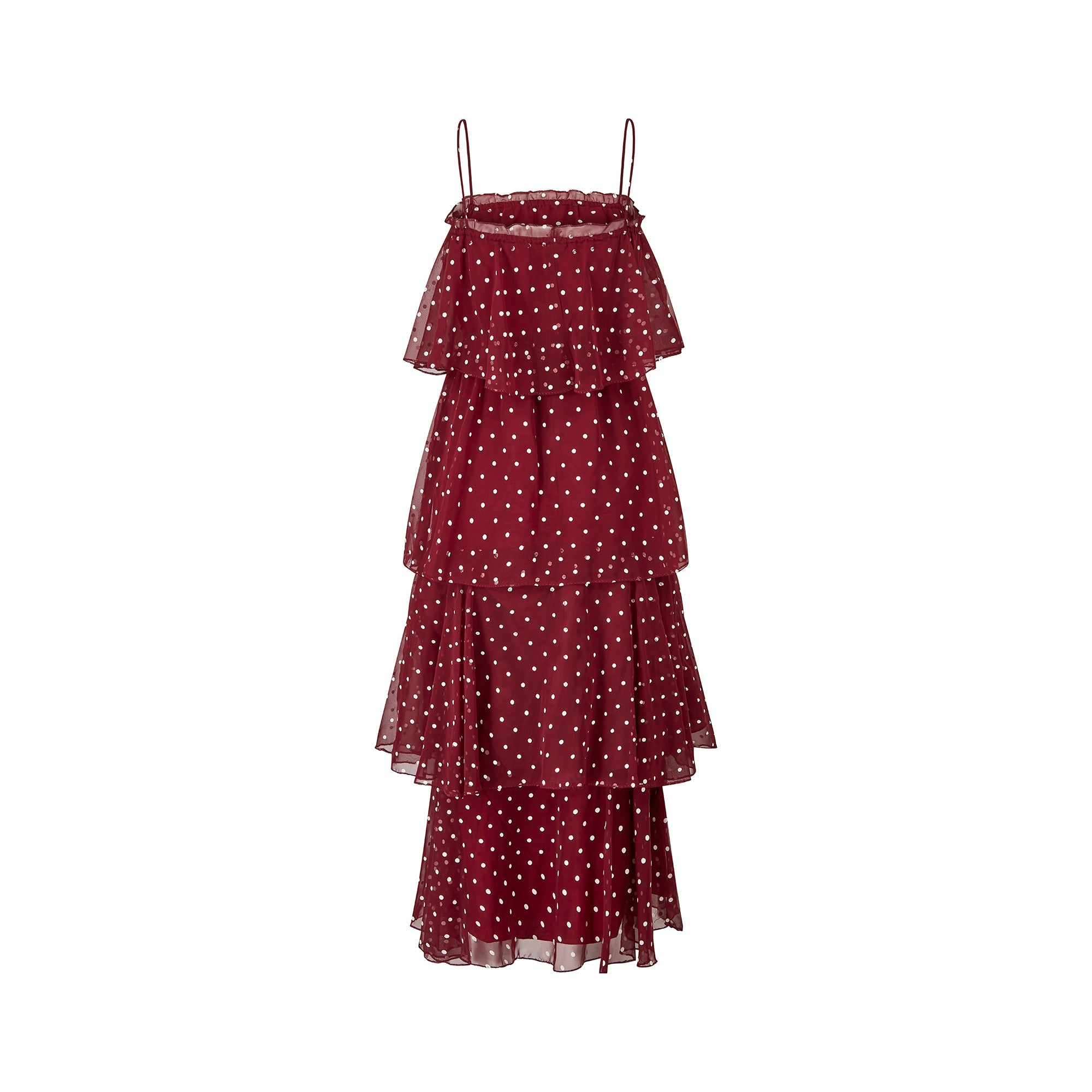 1970s Norman Berg Burgundy and White Polka Dot Tiered Dress