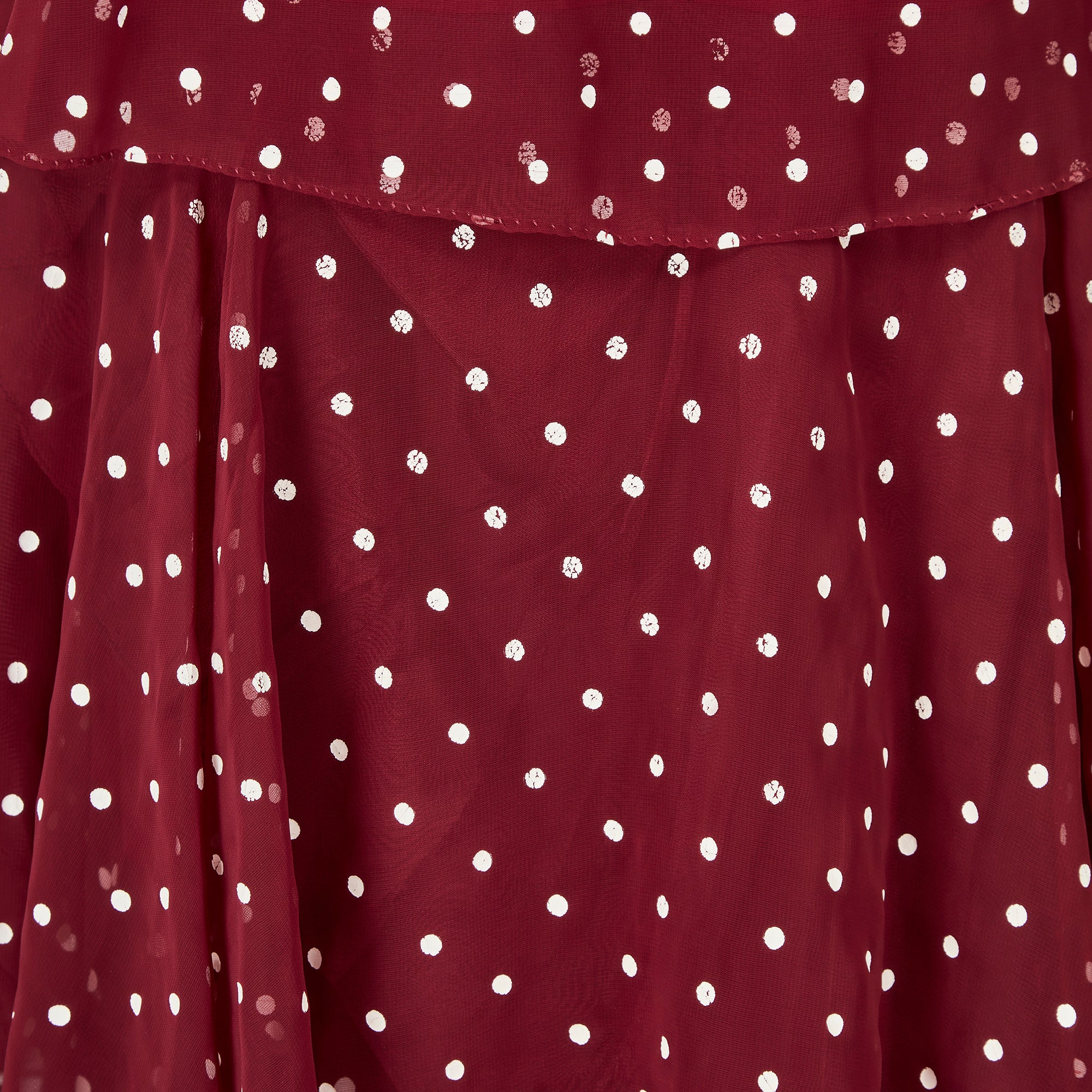 1970s Norman Berg Burgundy and White Polka Dot Tiered Dress