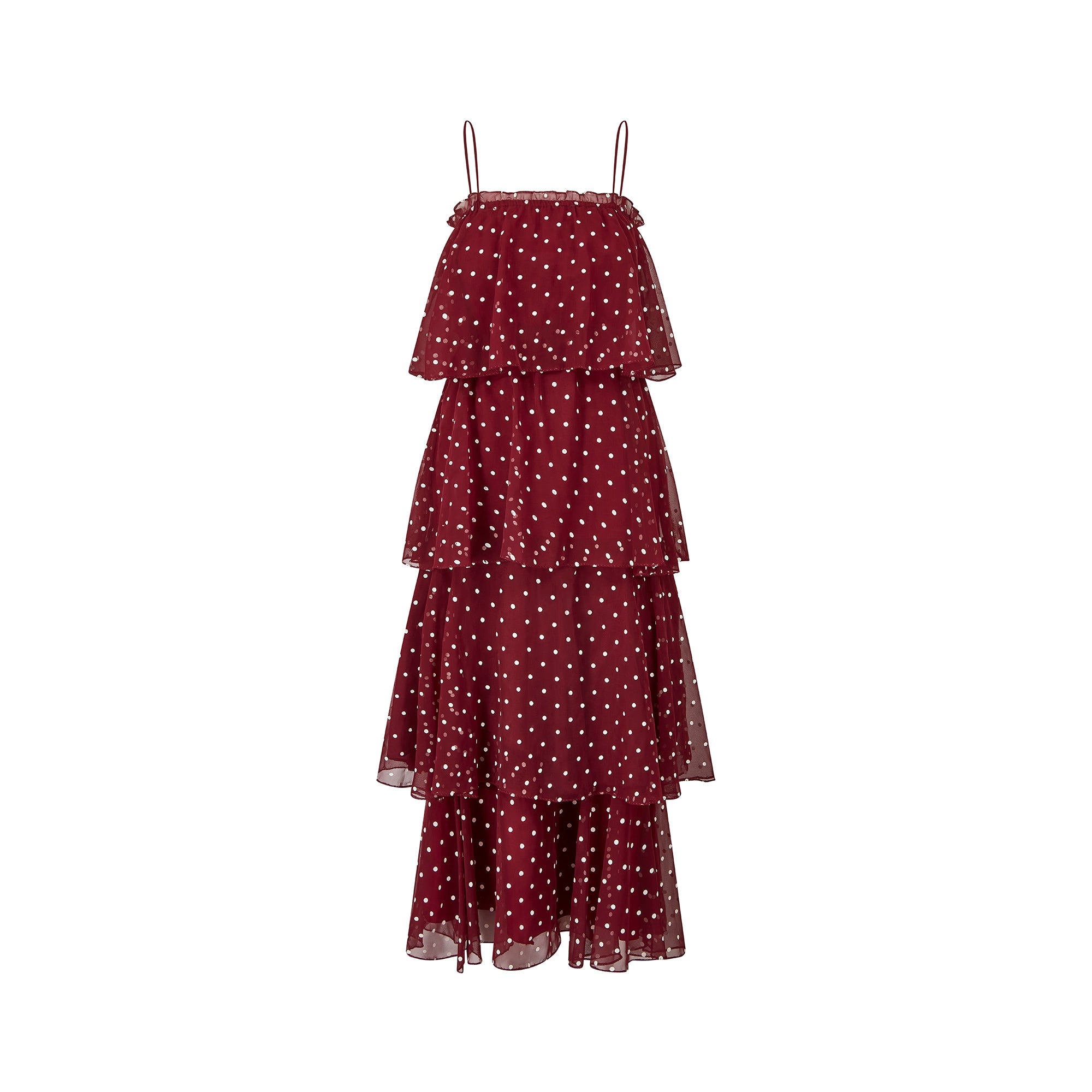 1970s Norman Berg Burgundy and White Polka Dot Tiered Dress