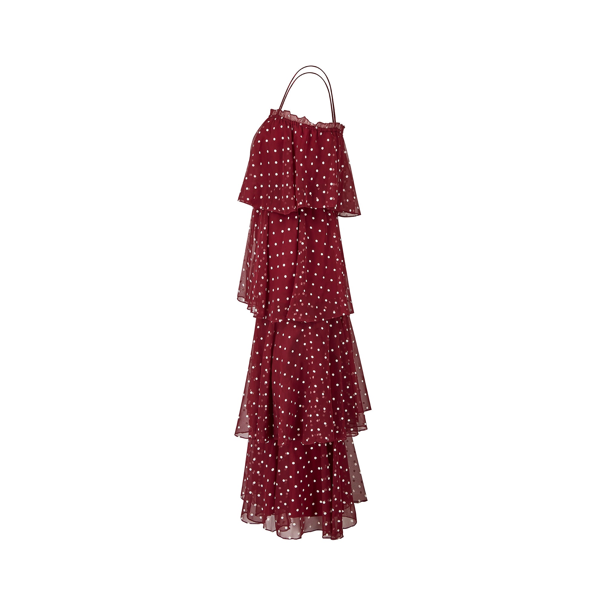 1970s Norman Berg Burgundy and White Polka Dot Tiered Dress