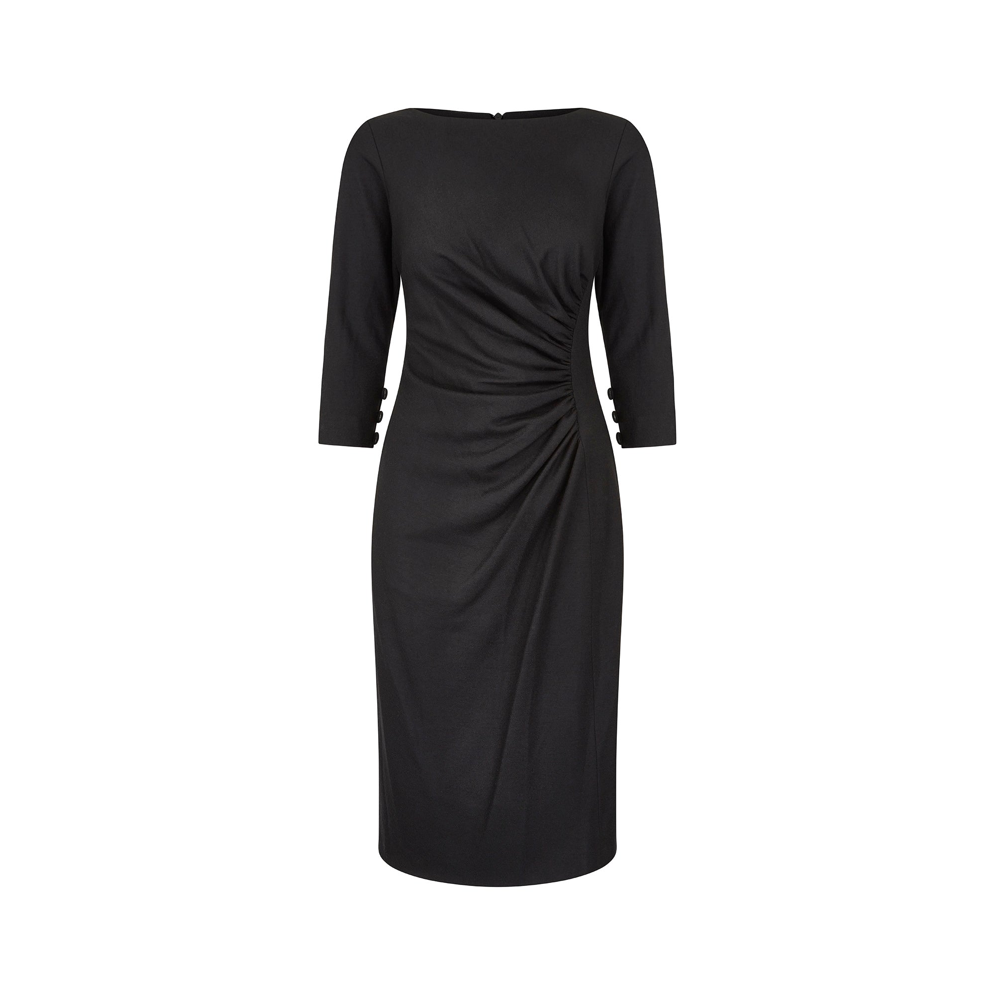 1990s Y de G Black Wool Ruched Jersey Dress