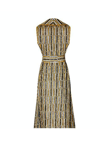 1970s Aled Couture Gold Black and Silver Lame Dress with Oversized Belt