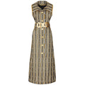 1970s Aled Couture Gold Black and Silver Lame Dress with Oversized Belt