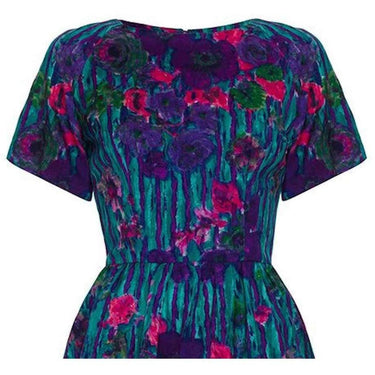 ARCHIVE - 1970s Beautiful Floral Print Linen Tulip Shaped Dress