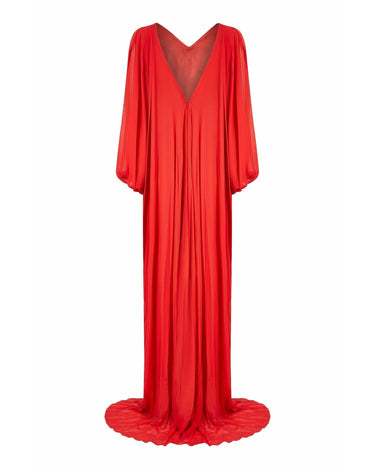 1970s Christian Dior Red Silk Chiffon Gown With Bow Detail