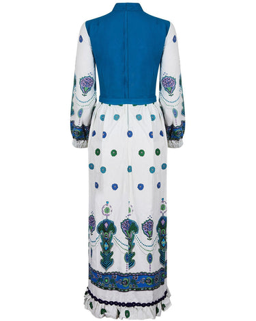 1970s Cotton Turquoise Paisley Print Maxi Dress