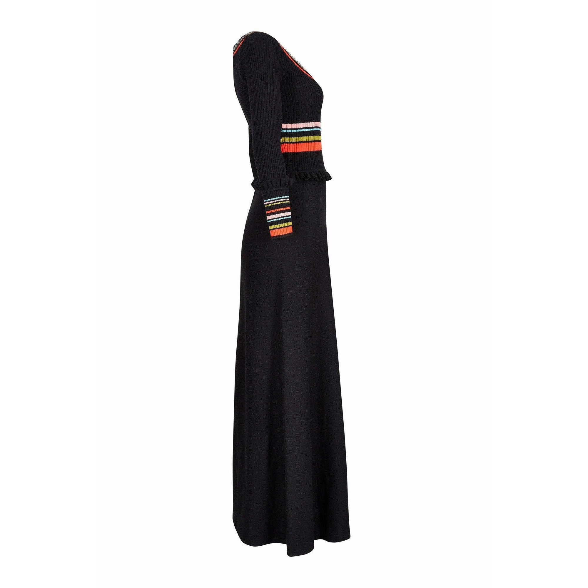 1970s Crissa Black Jersey Knit Wool Ribbed Maxi Dress