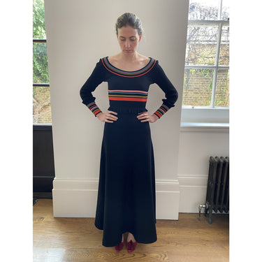 ARCHIVE - 1970s Crissa Black Jersey Knit Wool Ribbed Maxi Dress
