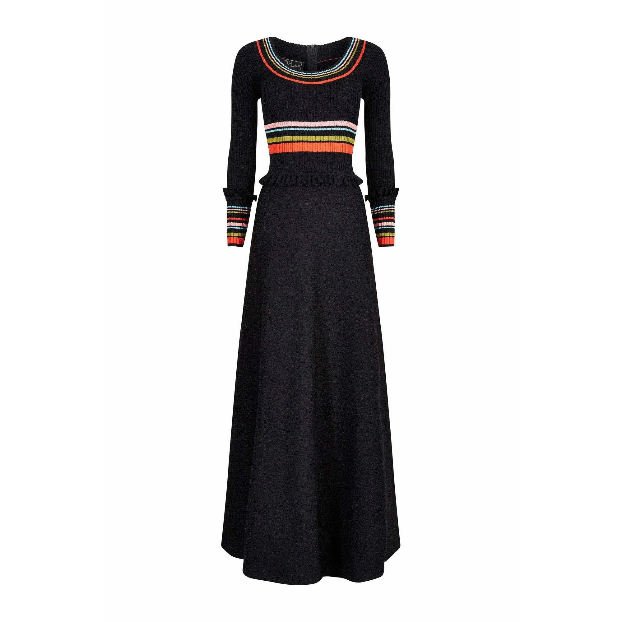 1970s Crissa Black Jersey Knit Wool Ribbed Maxi Dress