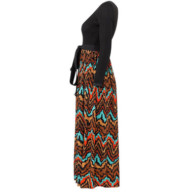 ARCHIVE - 1970s Frank Usher Ribbed Jersey Maxi Dress With Aztec Print Skirt and Belt Tie