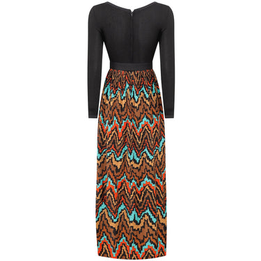 ARCHIVE - 1970s Frank Usher Ribbed Jersey Maxi Dress With Aztec Print Skirt and Belt Tie
