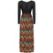 1970s Frank Usher Ribbed Jersey Maxi Dress With Aztec Print Skirt and Belt Tie