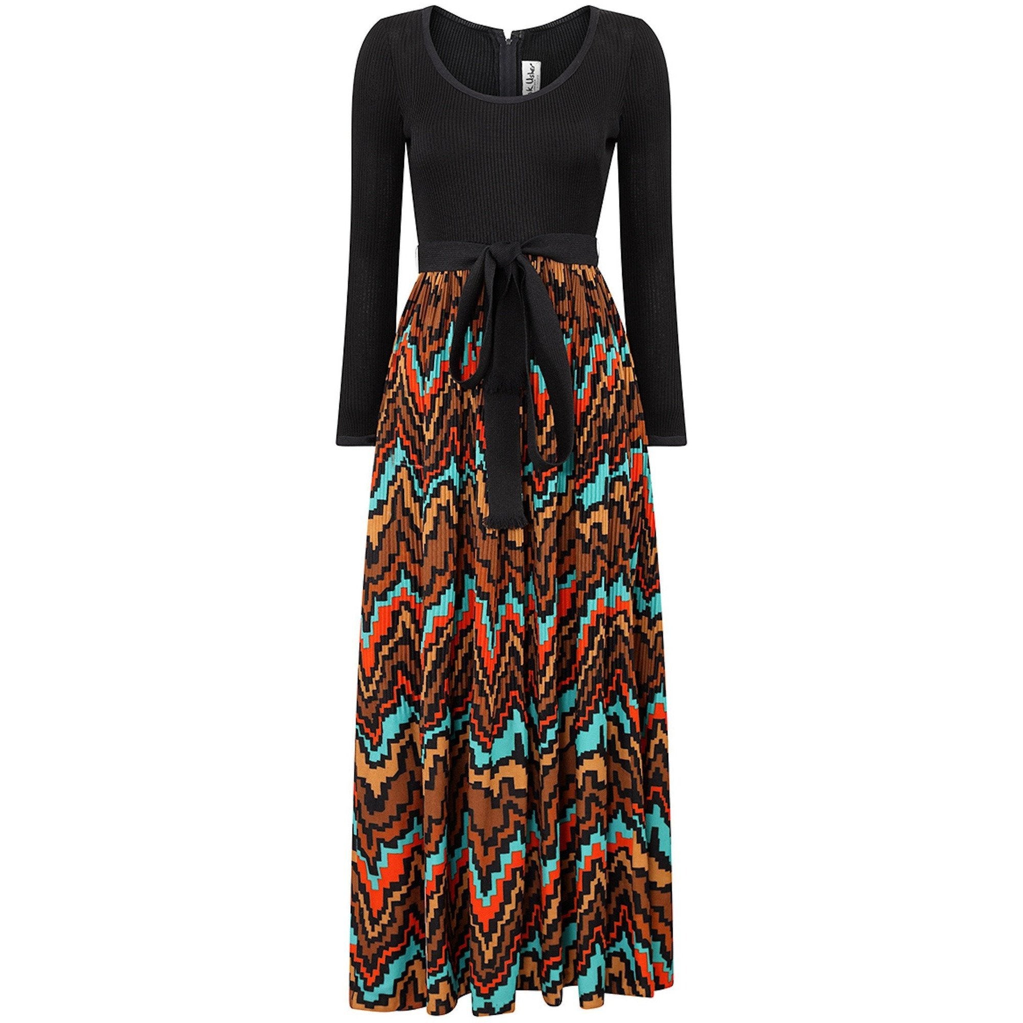 1970s Frank Usher Ribbed Jersey Maxi Dress With Aztec Print Skirt and Belt Tie