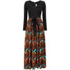 1970s Frank Usher Ribbed Jersey Maxi Dress With Aztec Print Skirt and Belt Tie