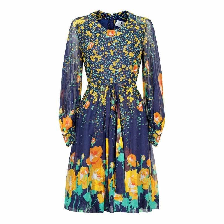 1970s French Couture Navy Rose Print Dress