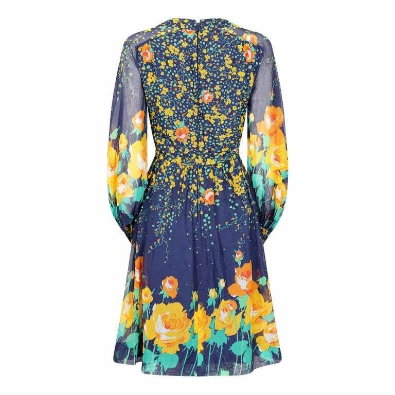 1970s French Couture Navy Rose Print Dress