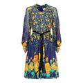 1970s French Couture Navy Rose Print Dress