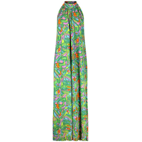 1970s Green Psychedelic Floral Print Trapeze Maxi Dress