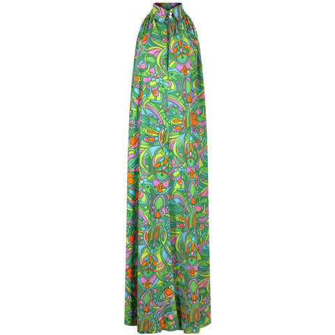 1970s Green Psychedelic Floral Print Trapeze Maxi Dress
