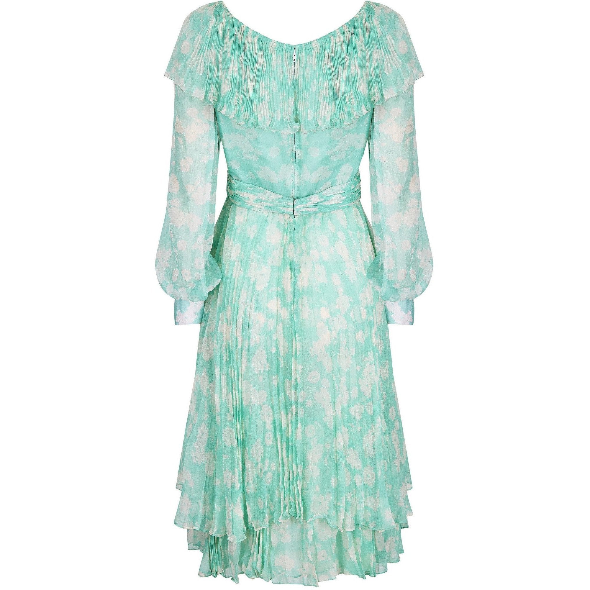 1970s Harry Algo Printed Green & White Silk Chiffon Dress With Ruffle