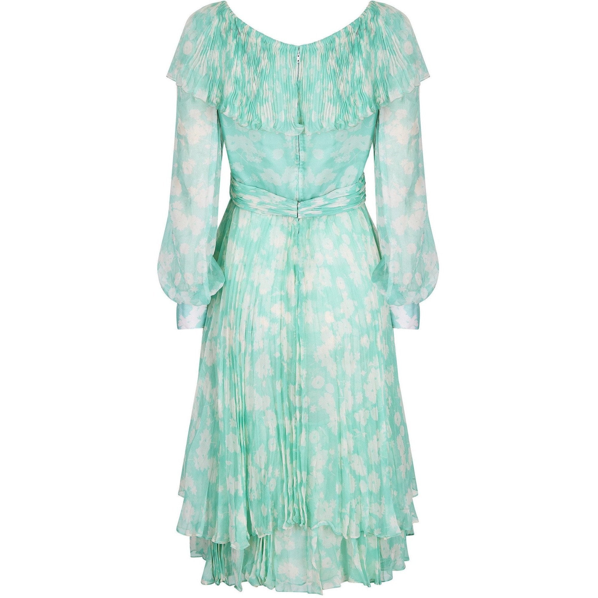 1970s Harry Algo Printed Green & White Silk Chiffon Dress With Ruffle Neckline