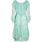 1970s Harry Algo Printed Green & White Silk Chiffon Dress With Ruffle Neckline