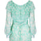 1970s Harry Algo Printed Green & White Silk Chiffon Dress With Ruffle Neckline