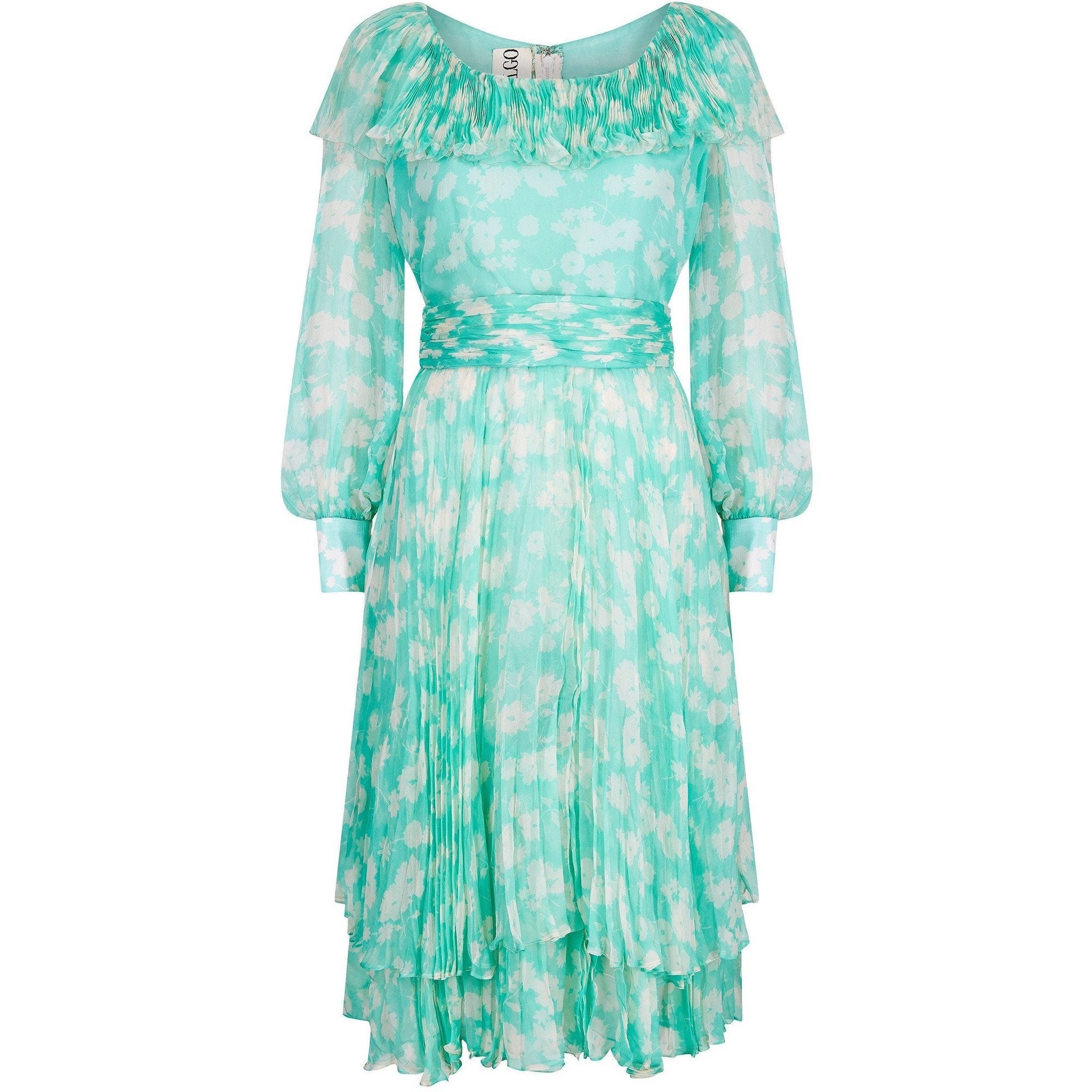 1970s Harry Algo Printed Green & White Silk Chiffon Dress With Ruffle Neckline