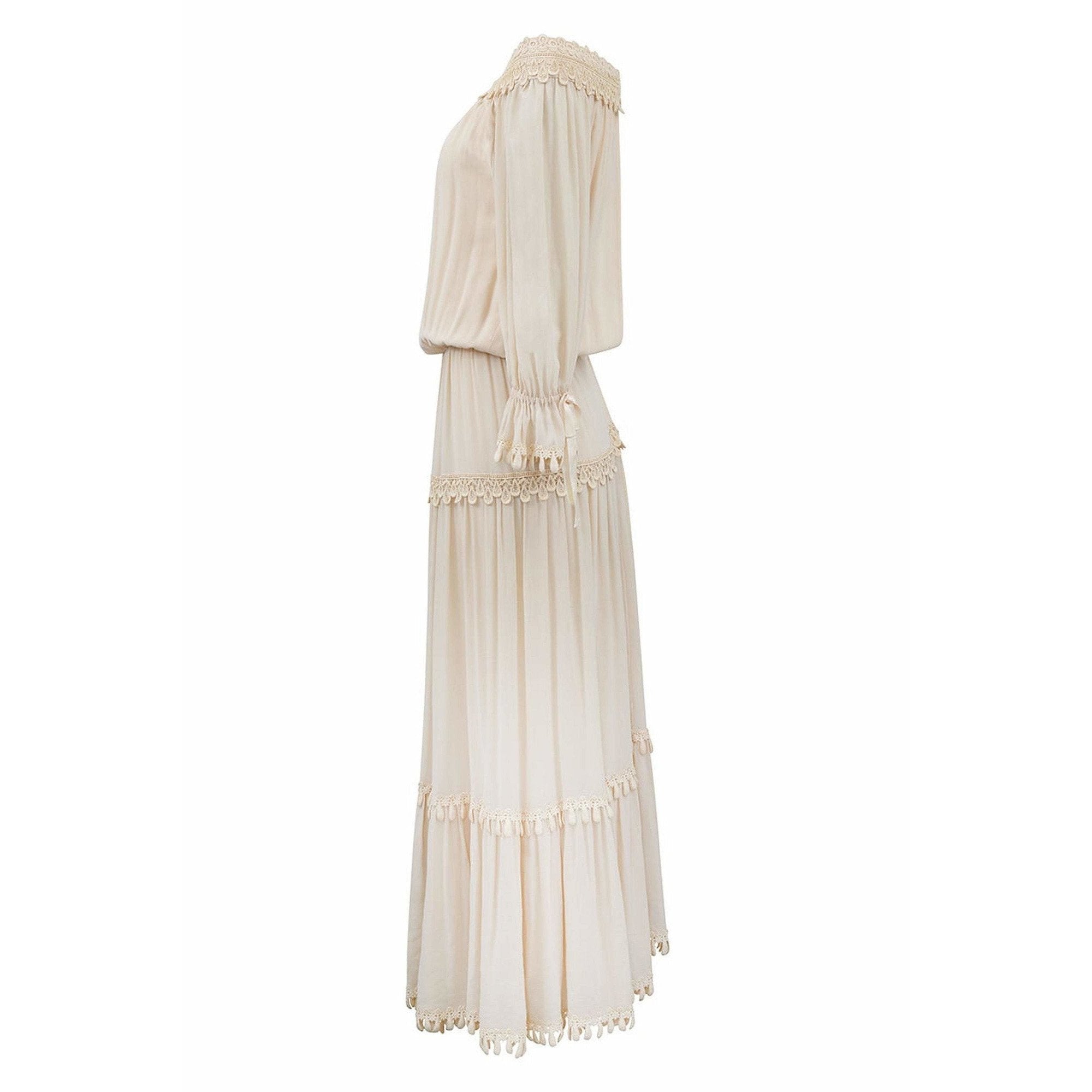 1970s Ivory Silk Crepe Couture Boho Dress With Lace Trim Detail