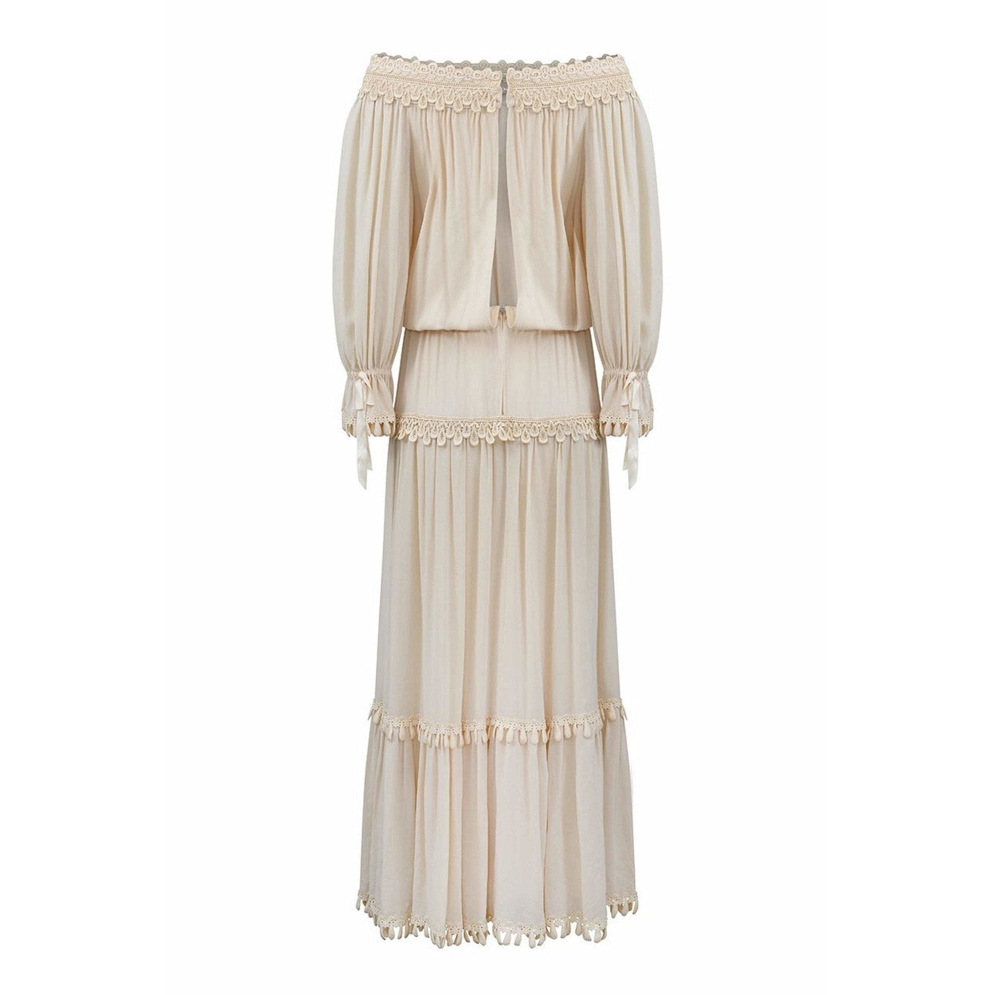 1970s Ivory Silk Crepe Couture Boho Dress With Lace Trim Detail