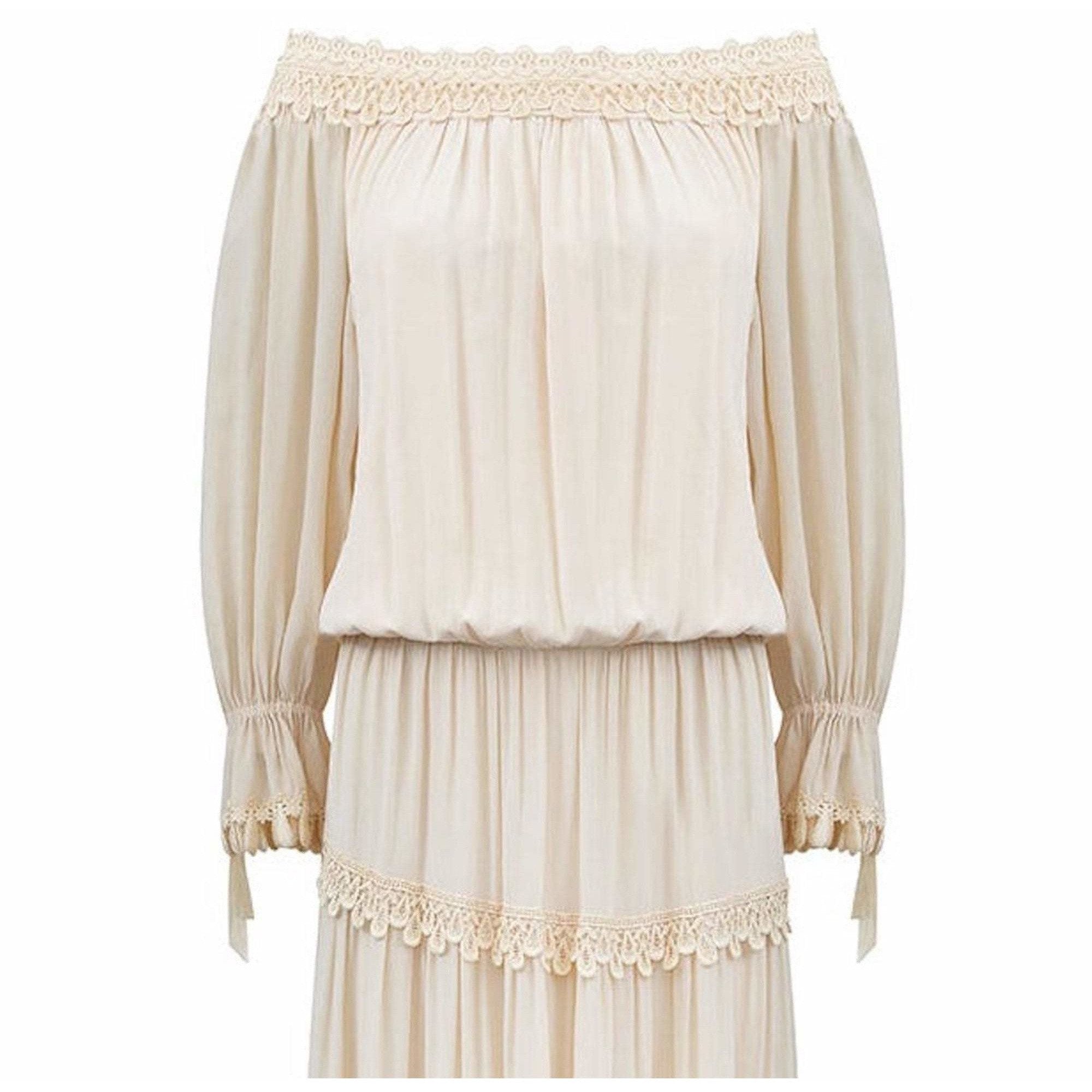 1970s Ivory Silk Crepe Couture Boho Dress With Lace Trim Detail