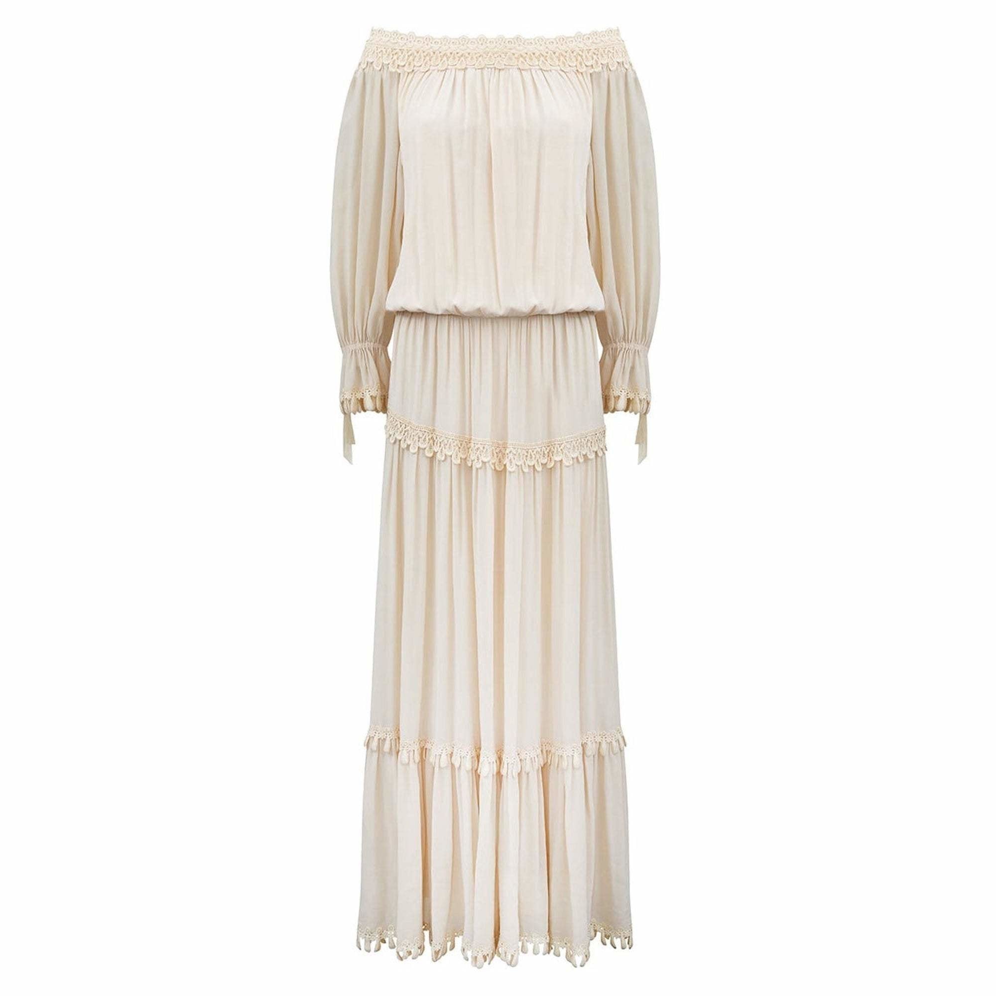 1970s Ivory Silk Crepe Couture Boho Dress With Lace Trim Detail