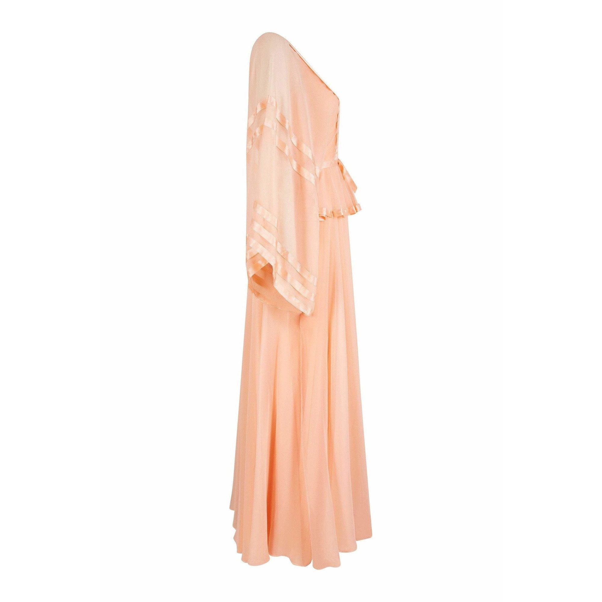 1970s Jean Varon Peach Chiffon Dress With Ribbon Trim