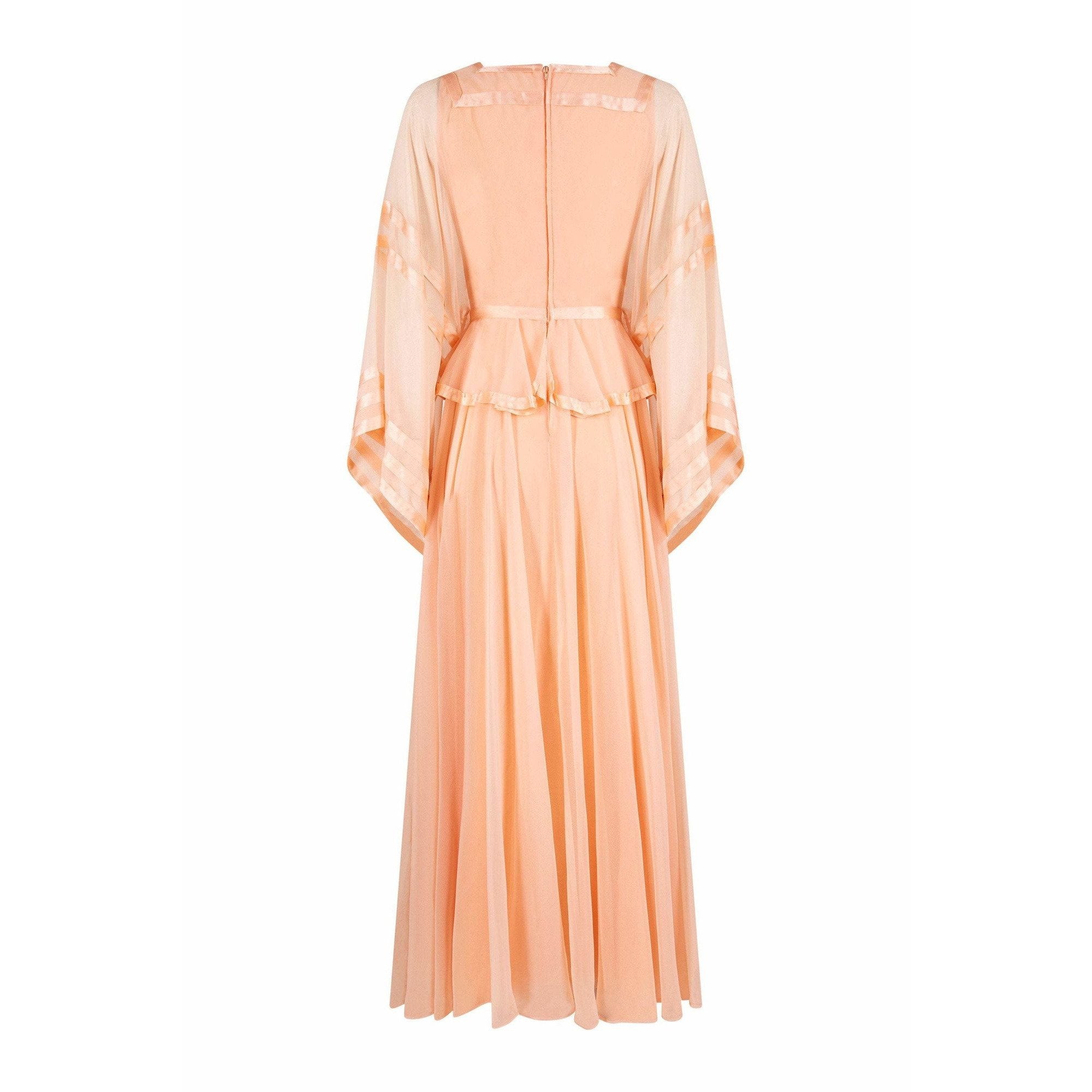 1970s Jean Varon Peach Chiffon Dress With Ribbon Trim