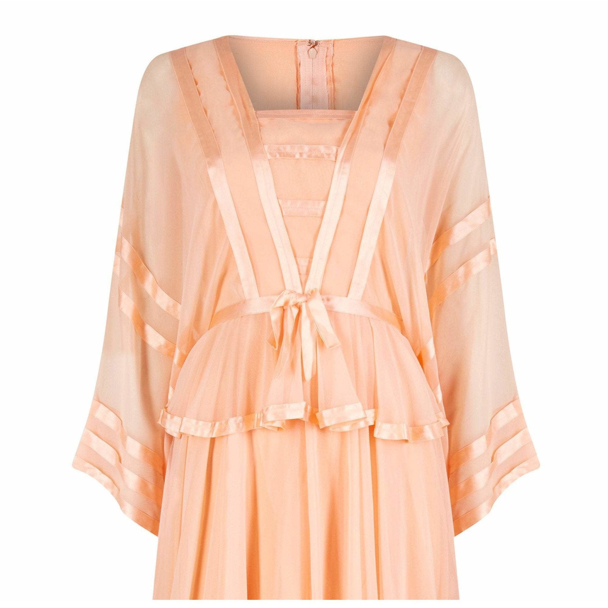 1970s Jean Varon Peach Chiffon Dress With Ribbon Trim